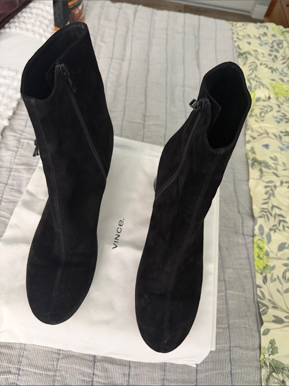 Vince Tasha Black Suede Mid-Calf Zip Heeled Boots